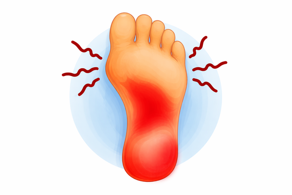 Illustration of a foot with a red spot indicating pain in arch and heel of the feet.