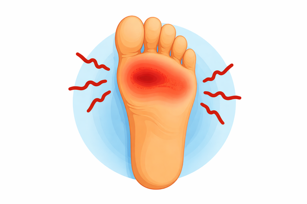 Illustration of a foot with a red spot on the top of foot and itching sensations on a white background