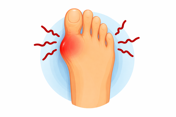 Illustration of a foot with a red spot indicating pain or inflammation. Toe Crowding & Pressure